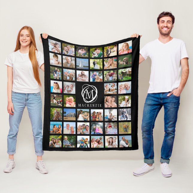 Couverture Polaire Monogramme Nom 44 Photo Collage modifiable noir (En situation)
