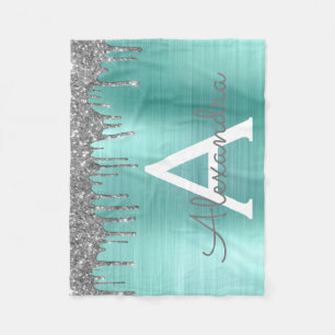 Couverture Polaire Monogramme Nom Métal Brossé Paillettes Sarcelle Ar