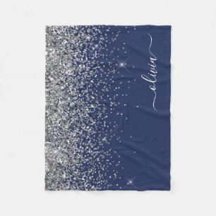 Couverture Polaire Monogramme Nom Paillettes Bleu Marine Argenté Fémi