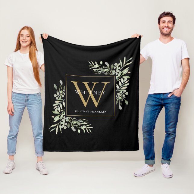 Couverture Polaire Monogramme Or moderne Vert Floral Noir (En situation)