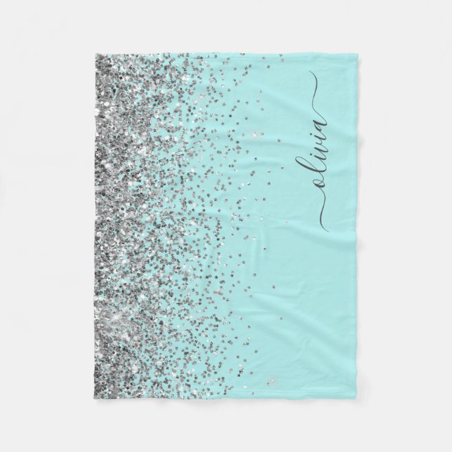 Couverture Polaire Monogramme Pailleté Féminin Bleu Aqua Argenté (Devant)