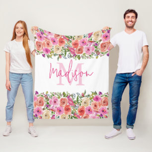 Couverture Polaire Monogramme Personnalisez Aquarelle Floral