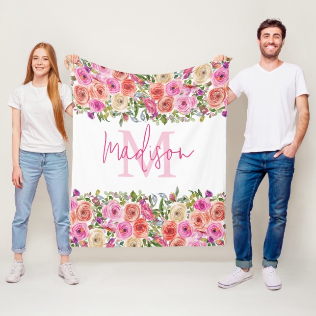 Couverture Polaire Monogramme | Personnalisez | Aquarelle | Floral (En situation)