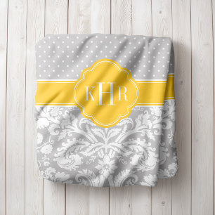 Couverture Polaire Monogramme Pois gris et jaune Damas