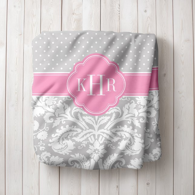 Couverture Polaire Monogramme Pois gris et rose Damas (Créateur téléchargé)