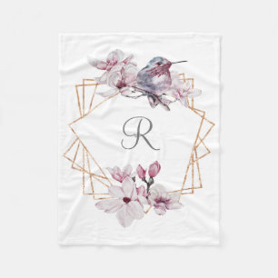 Couverture Polaire Monogramme rose blanc Magnolias Bird Gold Frame
