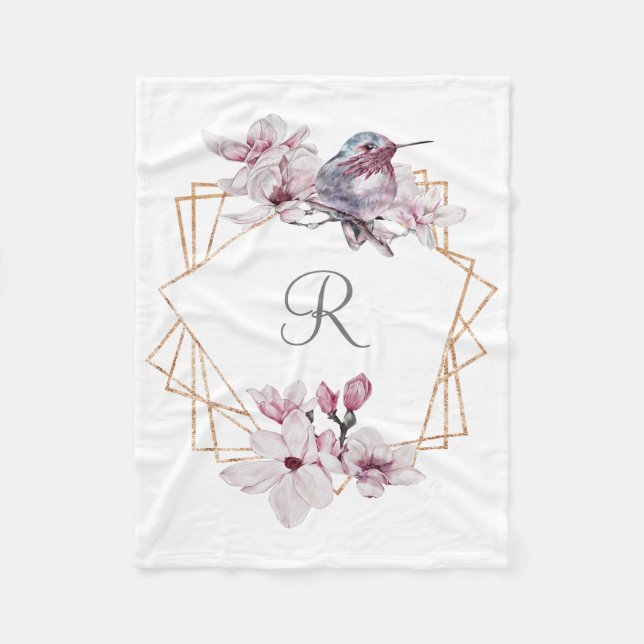 Couverture Polaire Monogramme rose blanc Magnolias Bird Gold Frame (Devant)