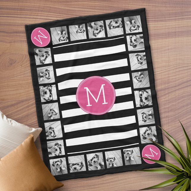 Couverture Polaire Monogramme rose chaud à rayures noir et blanc Prep (Personalized Fleece Blanket)