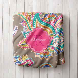 Couverture Polaire Monogramme rose et mocha Boho Paisley