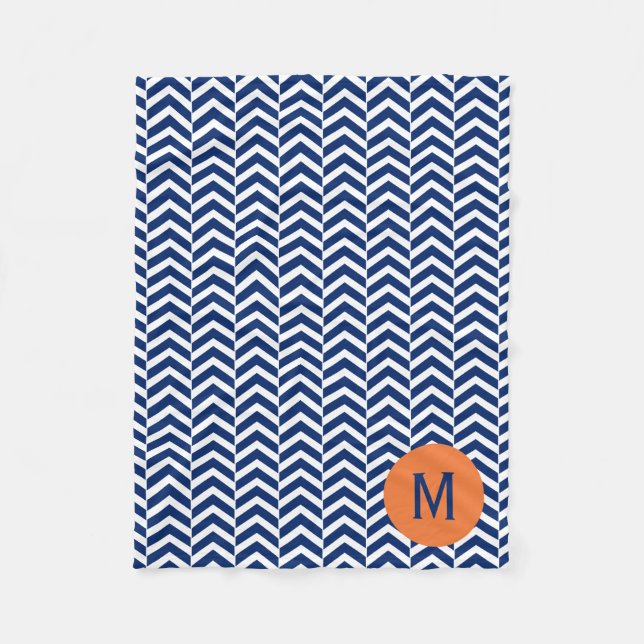 Couverture Polaire Monogramme Royal Blue avec Motif Orange Chevron (Devant)