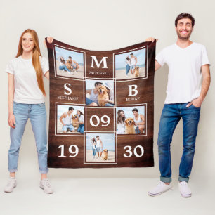 Couverture Polaire Monogramme rustique personnalisé Couples Collage p