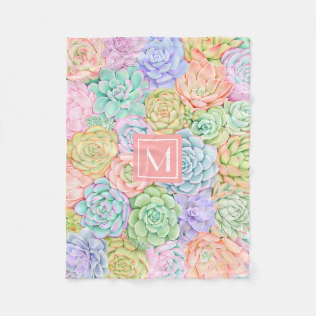 Couverture Polaire Monogramme Succulents Aquarelle Pastel coloré (Devant)