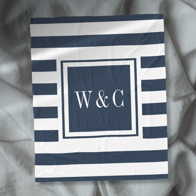 Couverture Polaire Monogramme tendance Bleu Bleu Marine (Navy Blue White Stripe Trendy Monogram Fleece Blanket)