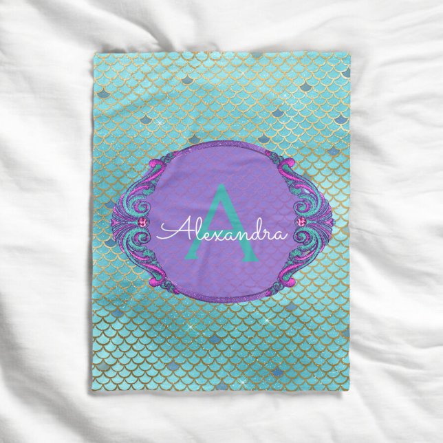 Couverture Polaire Monogramme turquoise vert et mauve de sirène (Créateur téléchargé)