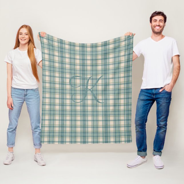 Couverture Polaire Monogramme Vert Bleu Beige Tartan Buffalo Plaid (En situation)