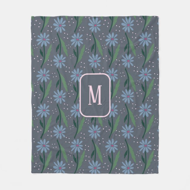 Couverture Polaire Moody Hand Drawn Retro Blue Daisy Floral Monogram (Devant)