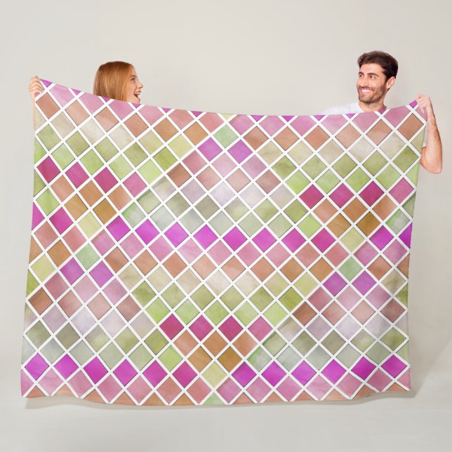 Couverture Polaire Mosaïque rose vert orange (En situation)