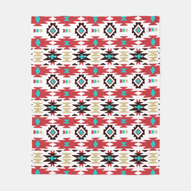 Couverture Polaire Motif amérindien blanc Turquoise rouge (Devant)