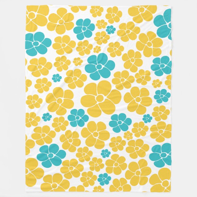 Couverture Polaire Motif aux fleurs - Turquoise et Jaune (Devant)
