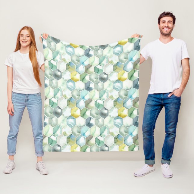 Couverture Polaire Motif bleu et vert de Honycomb d'aquarelle (En situation)
