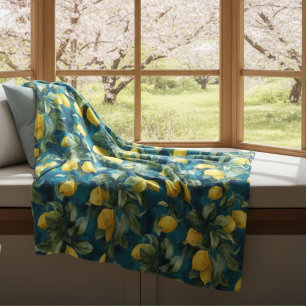 Couverture Polaire Motif bleu jaune aquarelle citron méditerranéen