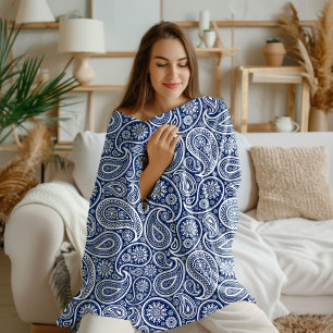 Couverture Polaire Motif cachemire vintage blanc sur bleu