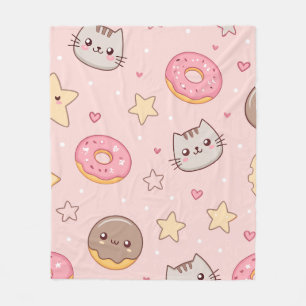 Couverture Polaire Motif Chat, Donut et Étoile Kawaii