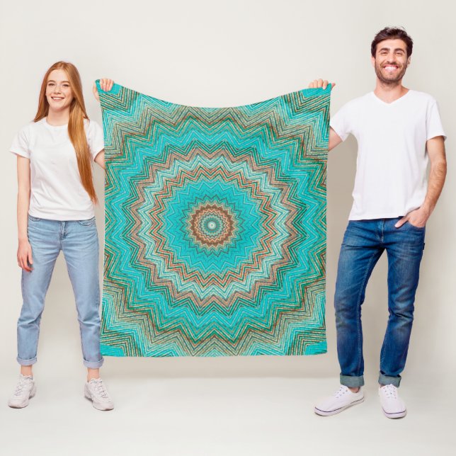 Couverture Polaire Motif circulaire turquoise, beige. Mandala. (En situation)