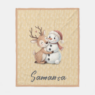 Couverture Polaire Motif d'arbre renne bonhomme de neige orange beige