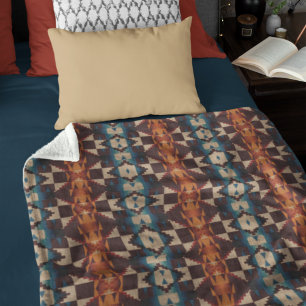Couverture Polaire Motif d'art tribal rouge marron sarcelle bleu oran