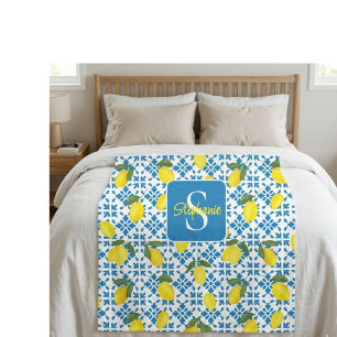 Couverture Polaire Motif de citron de carreau français bleu nom monog