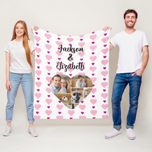 Couverture Polaire Motif de coeur rose mignon Personnalisez avec 6 ph (En situation)
