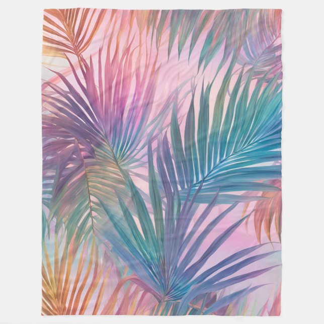 Couverture Polaire Motif de feuilles tropicales rose pastel doux plai (Devant)