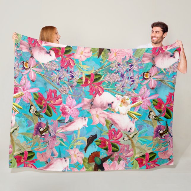 Couverture Polaire Motif De Fleur D'Oiseau Et D'Orchidées Rose Tropic (En situation)