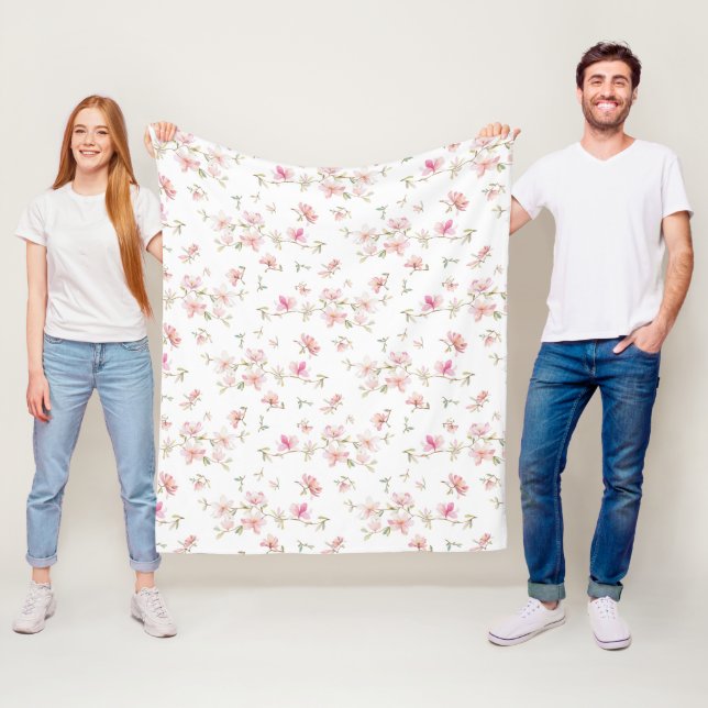 Couverture Polaire Motif de fleur rose mou d'aquarelle du monogramme (En situation)