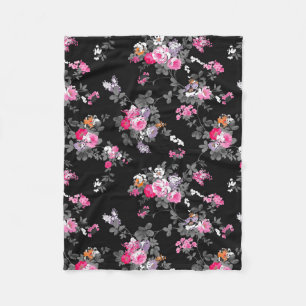 Couverture Polaire Motif de fleurs noir gris rose chic vintage