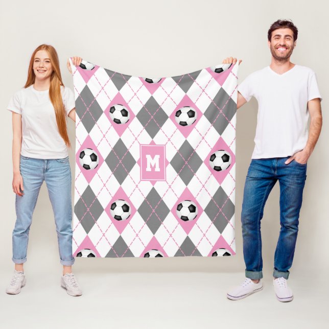 Couverture Polaire motif de Jacquard de football blanc rose gris (En situation)