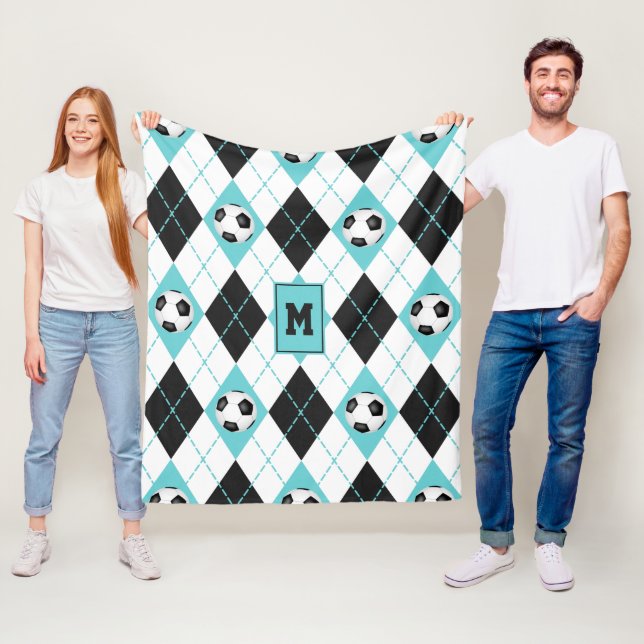 Couverture Polaire motif de Jacquard de football noir blanc turquoise (En situation)