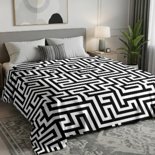 Couverture Polaire Motif de labyrinthe géométrique noir sur blanc