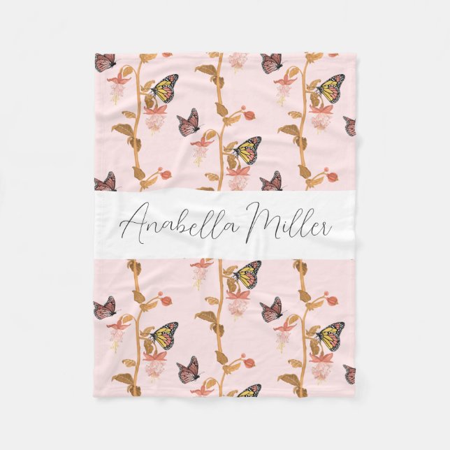 Couverture Polaire Motif de papillon rose moderne Boho Nom des enfant (Devant)