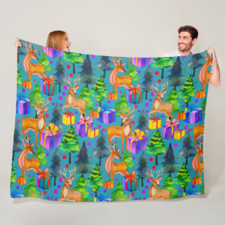 Couverture Polaire Motif de pin et cerf de Noël