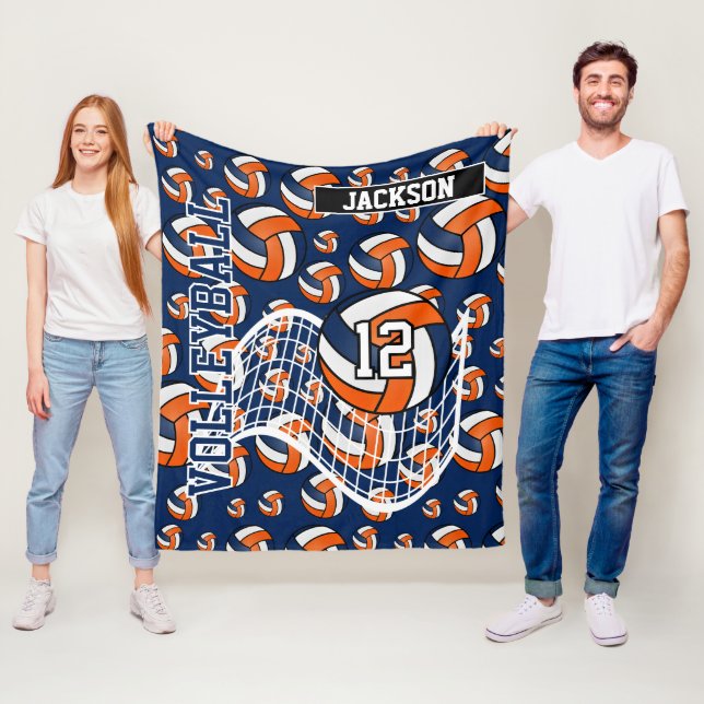 Couverture Polaire Motif de volley-ball orange, bleu foncé et blanc (En situation)