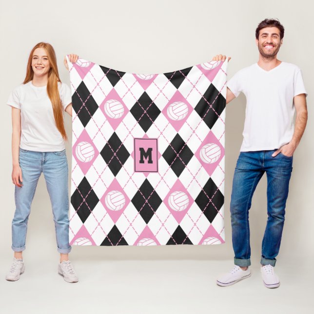 Couverture Polaire motif de volley-ball rose gris blanc Jacquard (En situation)