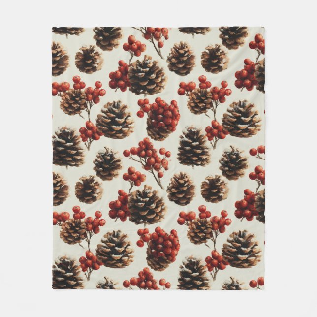 Couverture Polaire Motif d'hiver des pins et des baies rouges (Devant)