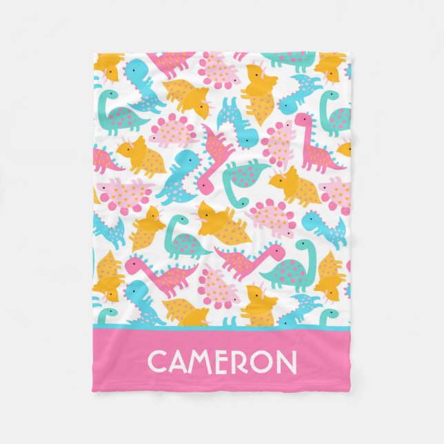 Couverture Polaire Motif Dinosaur rose et Turquoise (Devant)