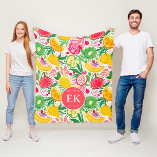 Couverture Polaire Motif Estival Aquarelle Monogramme de Fruits Tropi