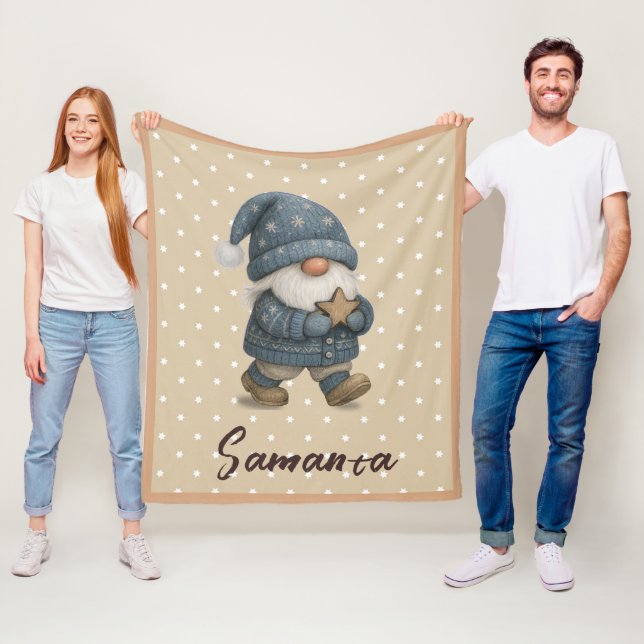 Couverture Polaire Motif étoile gnome bleu beige nom (En situation)