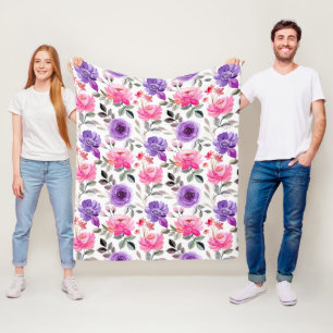 Couverture Polaire Motif floral aquarelle vibrant en rose et violet