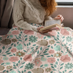 Couverture Polaire Motif floral boho vert rose brun
