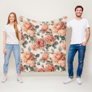 Couverture Polaire Motif floral rose beige aquarelle rose pâle